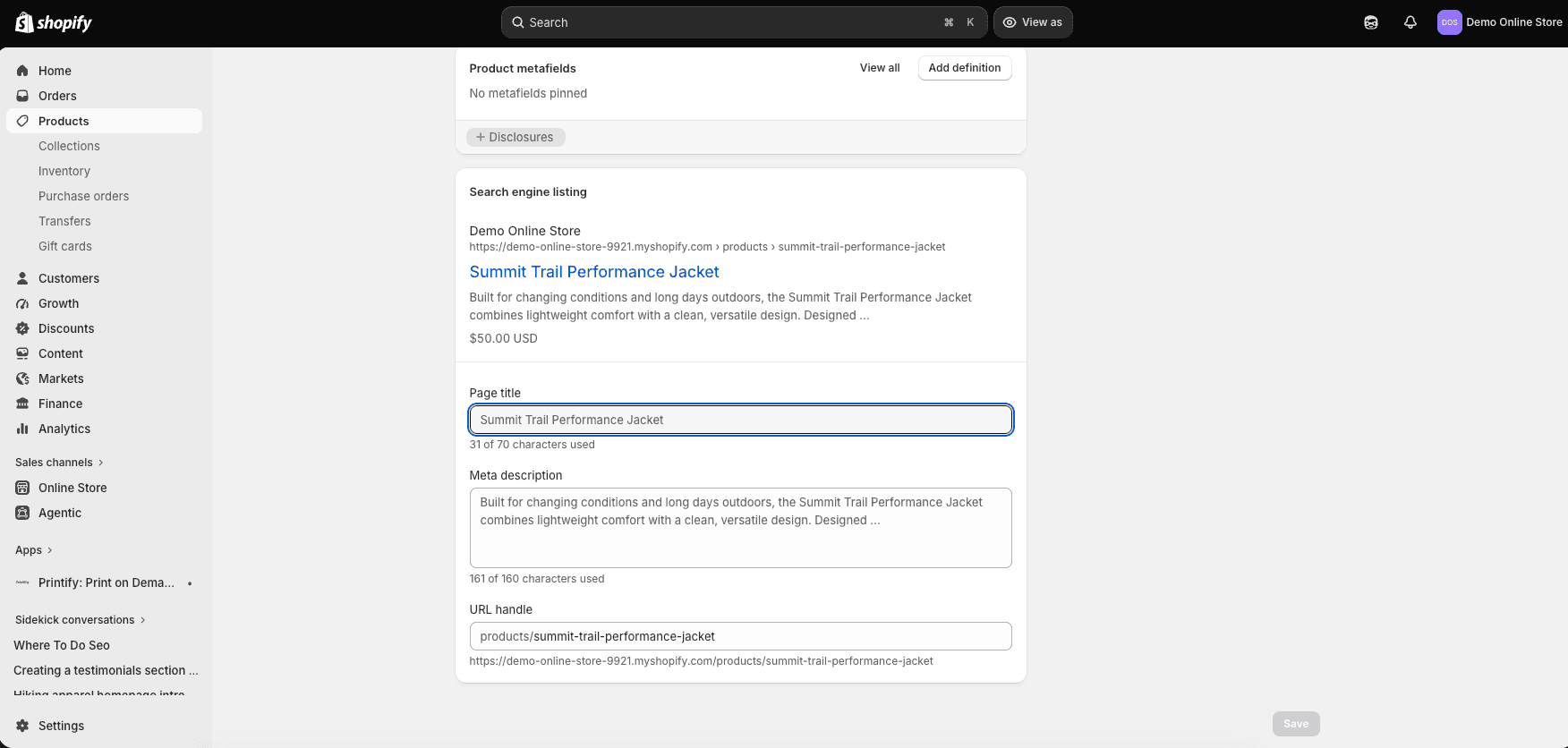 Shopify search engine listing editor showing the page title, meta description, and URL handle
