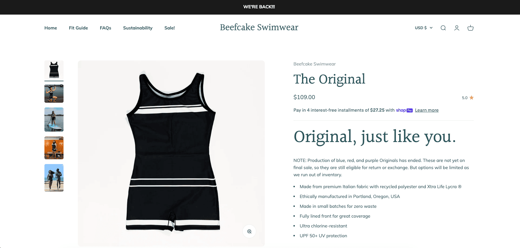 beefcake-swimwear-shopify-store-example Beefcake Swimwear product page showing inclusive on-model photography