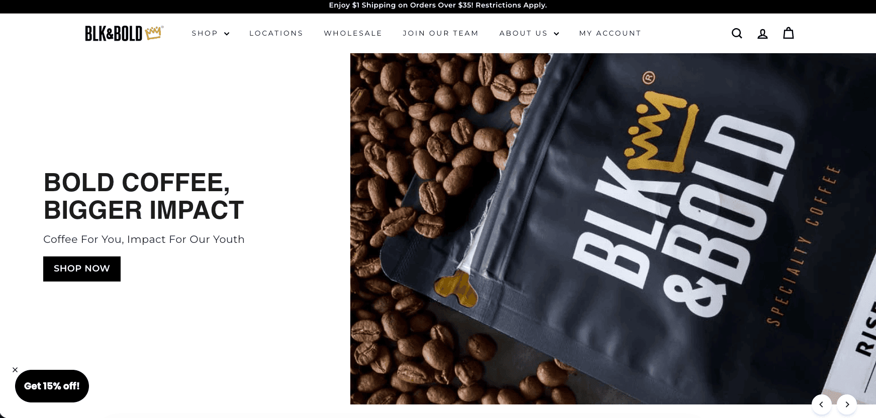 blk-and-bold-shopify-store-example BLK & Bold homepage combining coffee products with community impact messaging