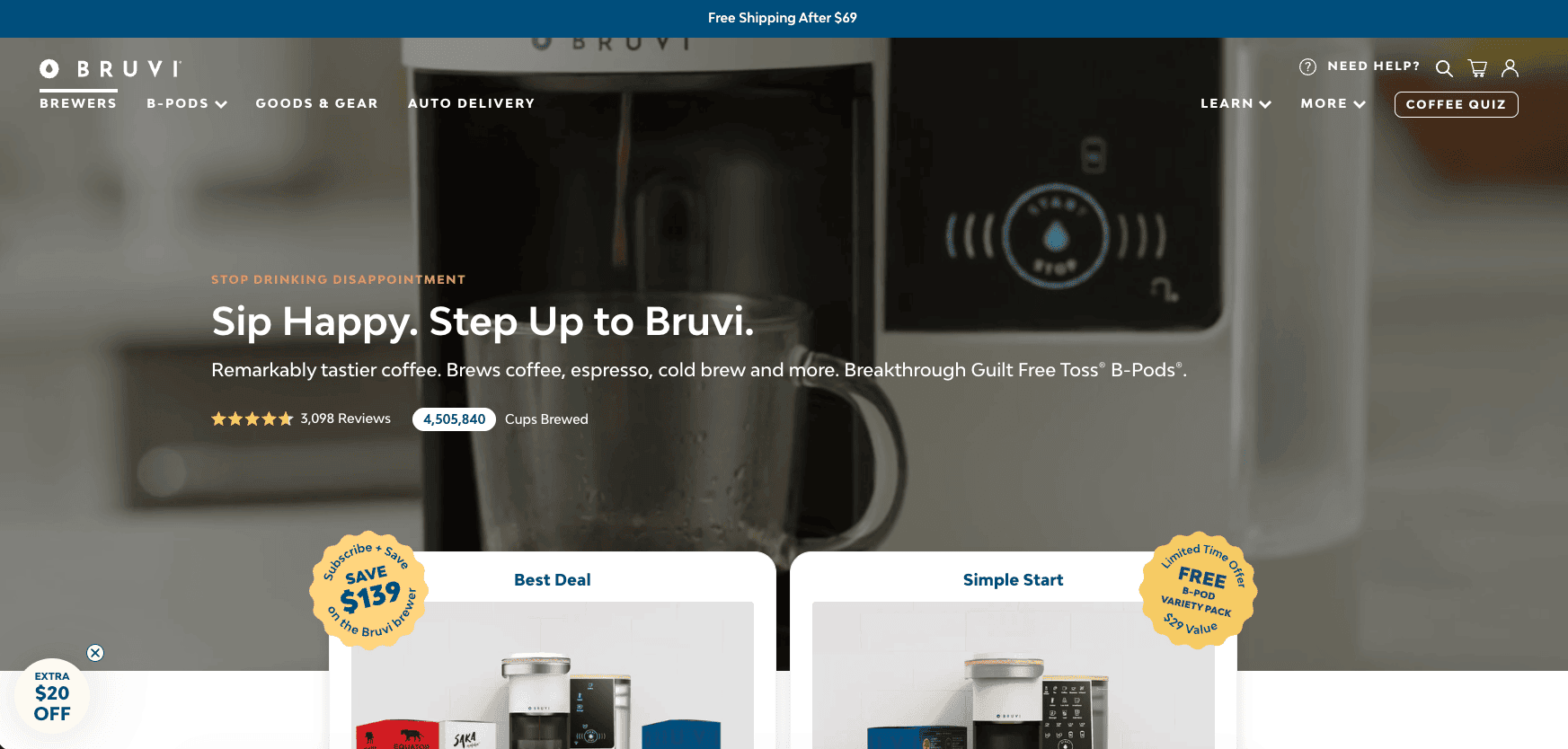 bruvi-shopify-store-example Bruvi store showing its coffee maker, pods and product system
