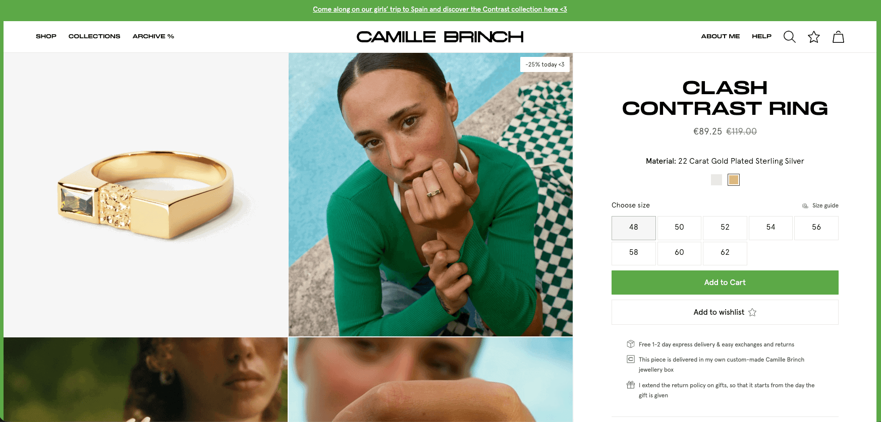 camille-brinch-shopify-store-example Camille Brinch jewelry store showing close-up and on-body product photography