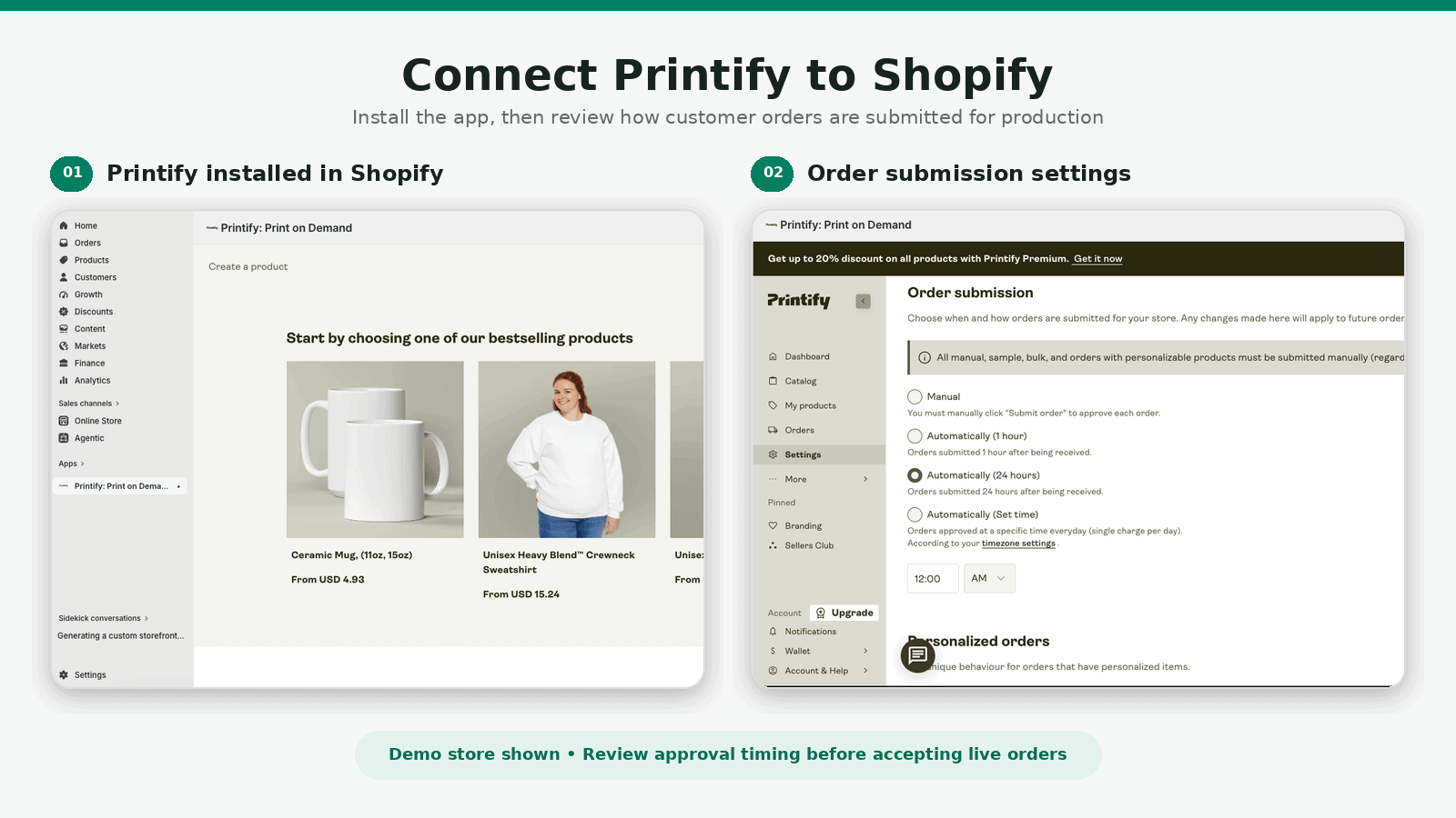 connect-print-on-demand-app-to-shopify Shopify connected to a print-on-demand app for product and order fulfillment