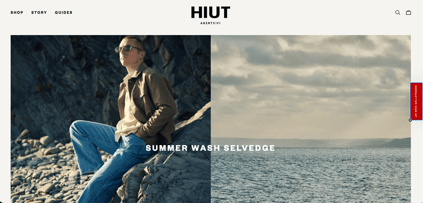 hiut-denim-shopify-store-example Hiut Denim Co. homepage showing its denim-focused brand presentation