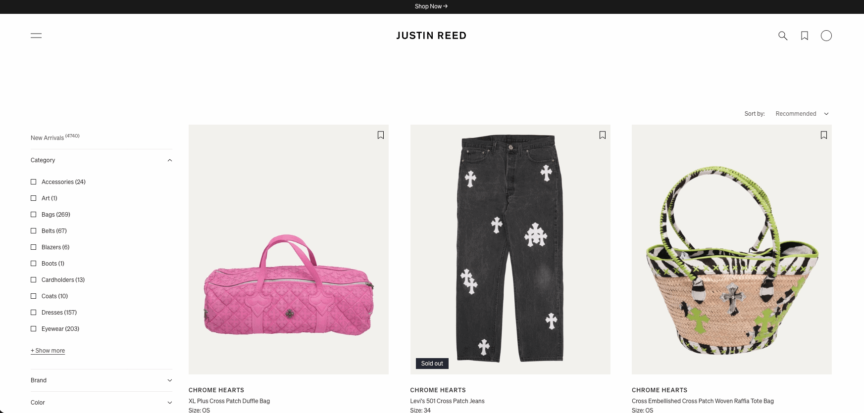 justin-reed-shopify-store-example Justin Reed resale store showing curated vintage products and category navigation