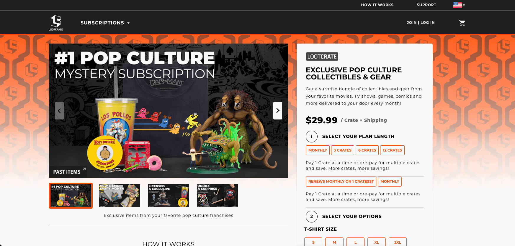 loot-crate-shopify-store-example Loot Crate subscription page showing available boxes and plan information