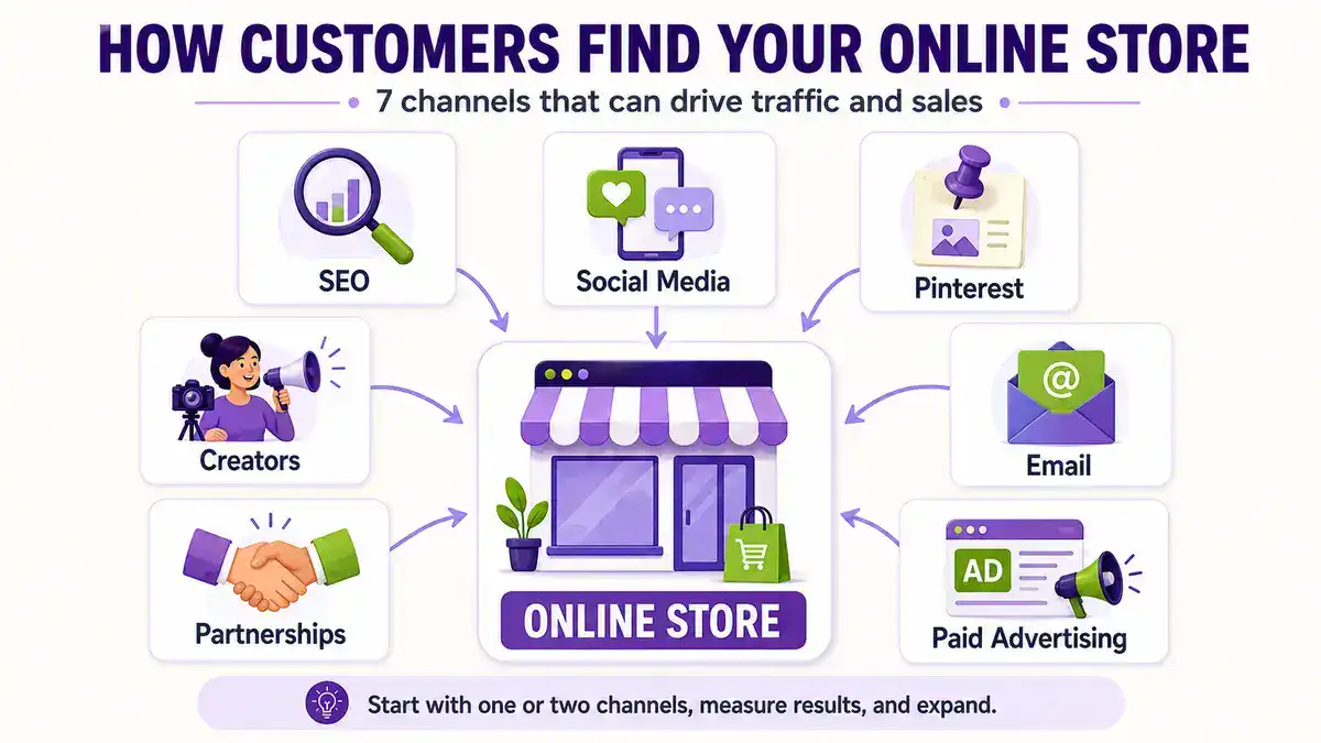 online-store-customer-acquisition-channels Customer acquisition channels for getting the first Shopify sale through search, social media, Pinterest, creators, partnerships, email, and advertising