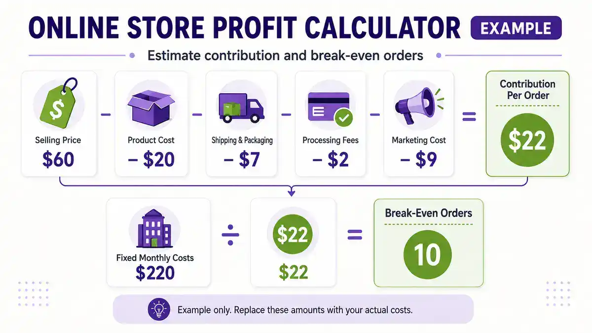 online-store-profit-margin-calculator Example online store profit calculator showing selling price, product cost, shipping, fees, marketing cost, contribution, and break-even orders
