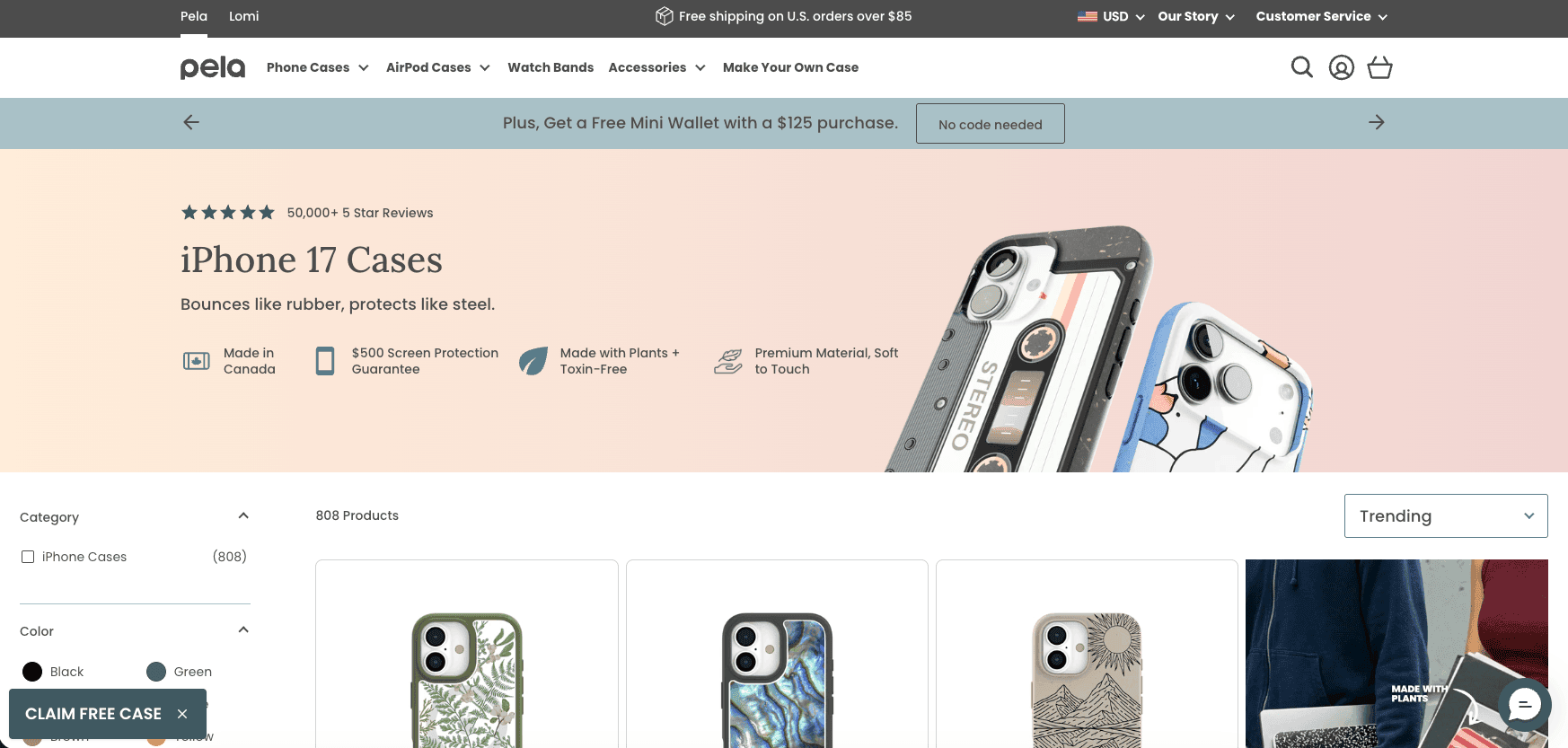 pela-shopify-store-example Pela product selector showing phone case compatibility options