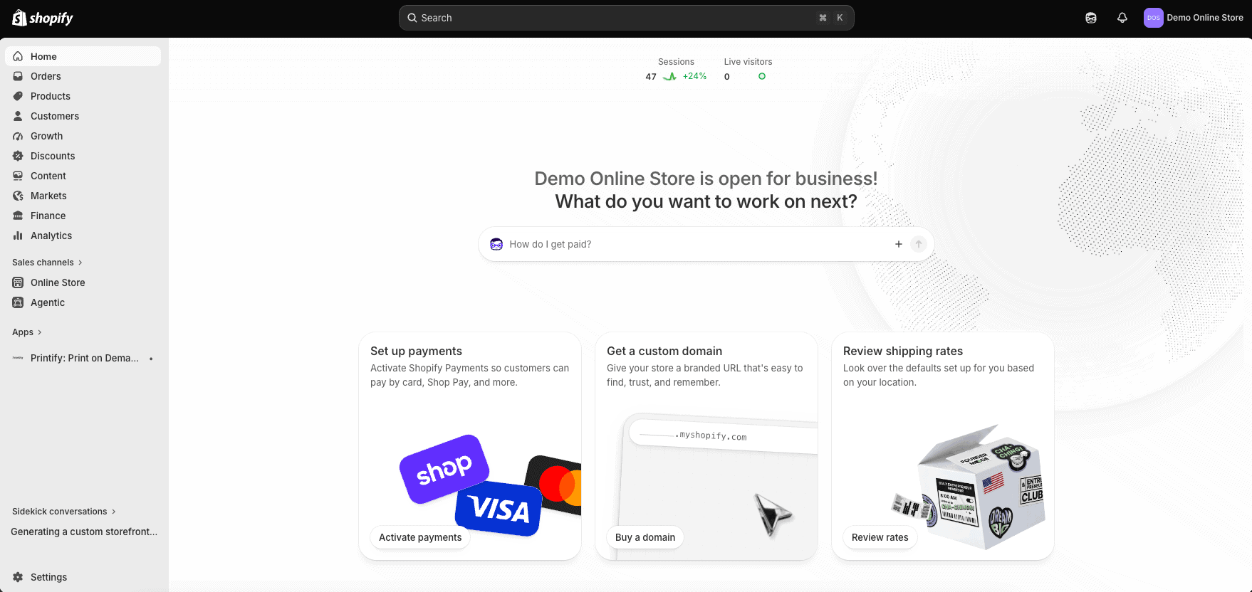 shopify-admin-dashboard-overview Shopify admin dashboard showing products, orders, customers, analytics, and sales channels