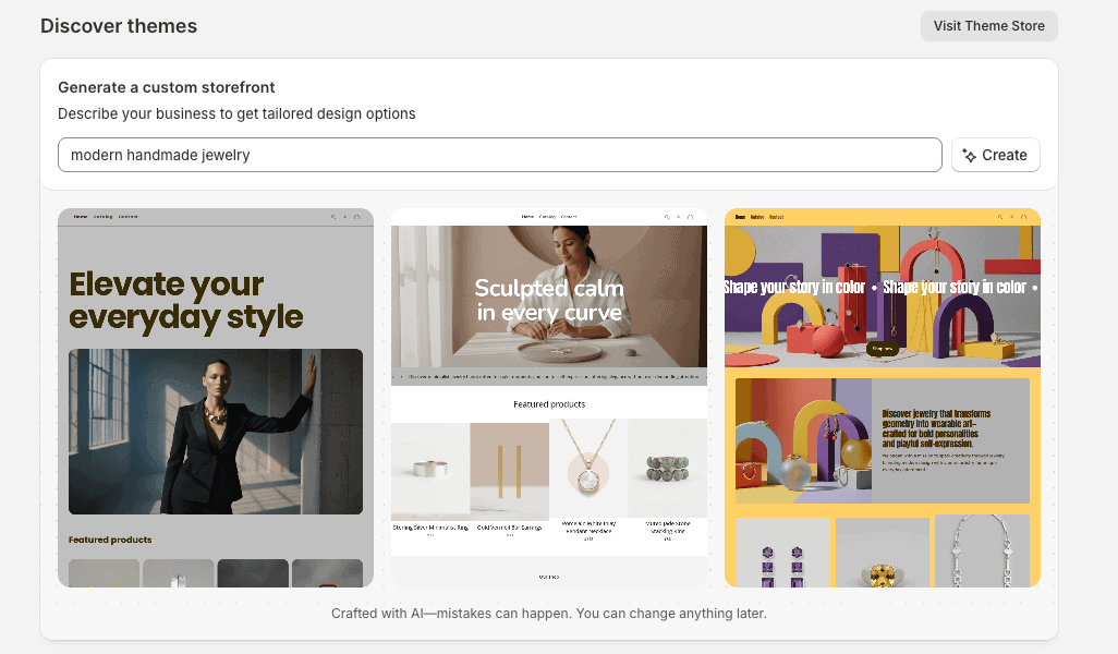 shopify-ai-generated-store-designs Three store designs generated by Shopify AI