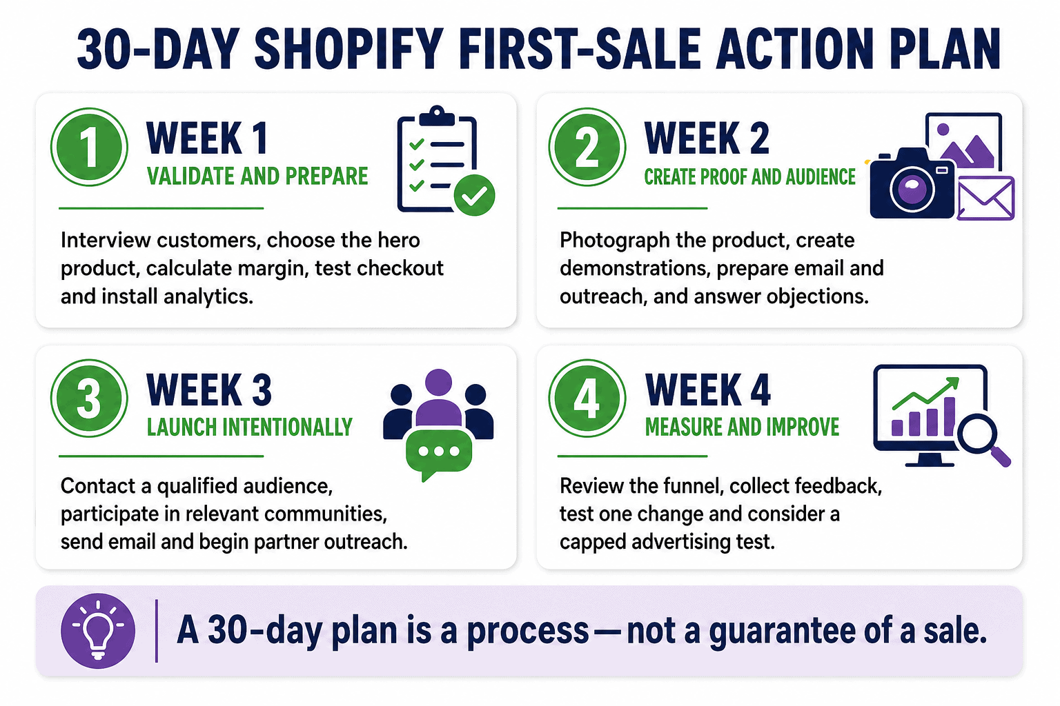 shopify-first-sale-30-day-plan 30-day Shopify first-sale action plan covering validation, content, launch, measurement, and improvement
