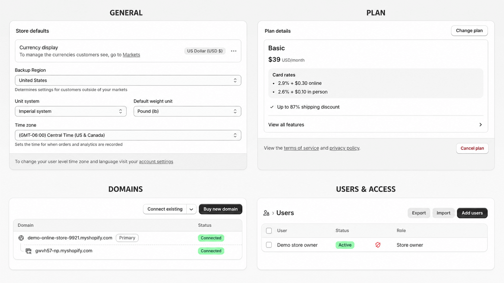 shopify-launch-foundation-settings Shopify settings for store details, plan, domain, and user access