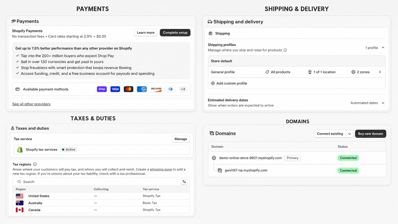shopify-launch-payments-taxes-shipping Shopify payment, shipping, tax, and domain settings to verify before launch