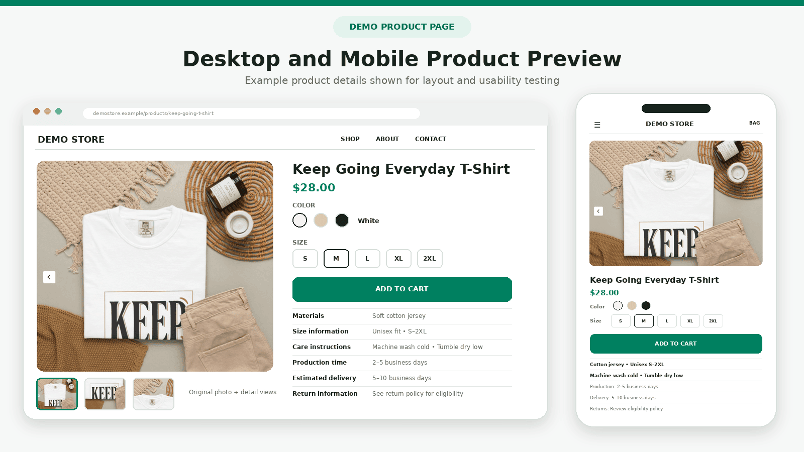shopify-pod-product-page-desktop-mobile Shopify print-on-demand product page displayed on desktop and mobile
