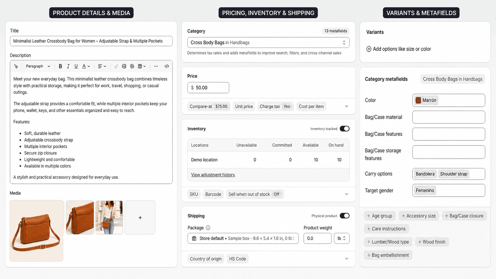 shopify-product-inventory-management Shopify product editor showing product details, media, pricing, inventory, shipping, and variants