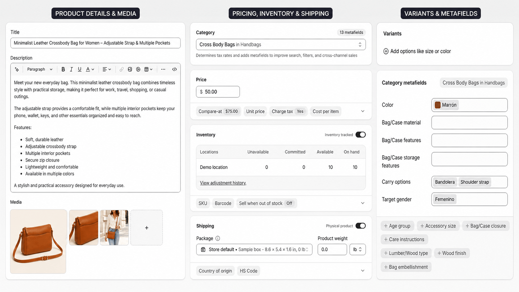 shopify-product-listing-checklist Shopify product editor showing media, pricing, inventory, shipping, and variants