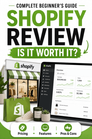 shopify-review-pinterest Shopify review for beginners covering pricing, features, pros, cons, and overall value