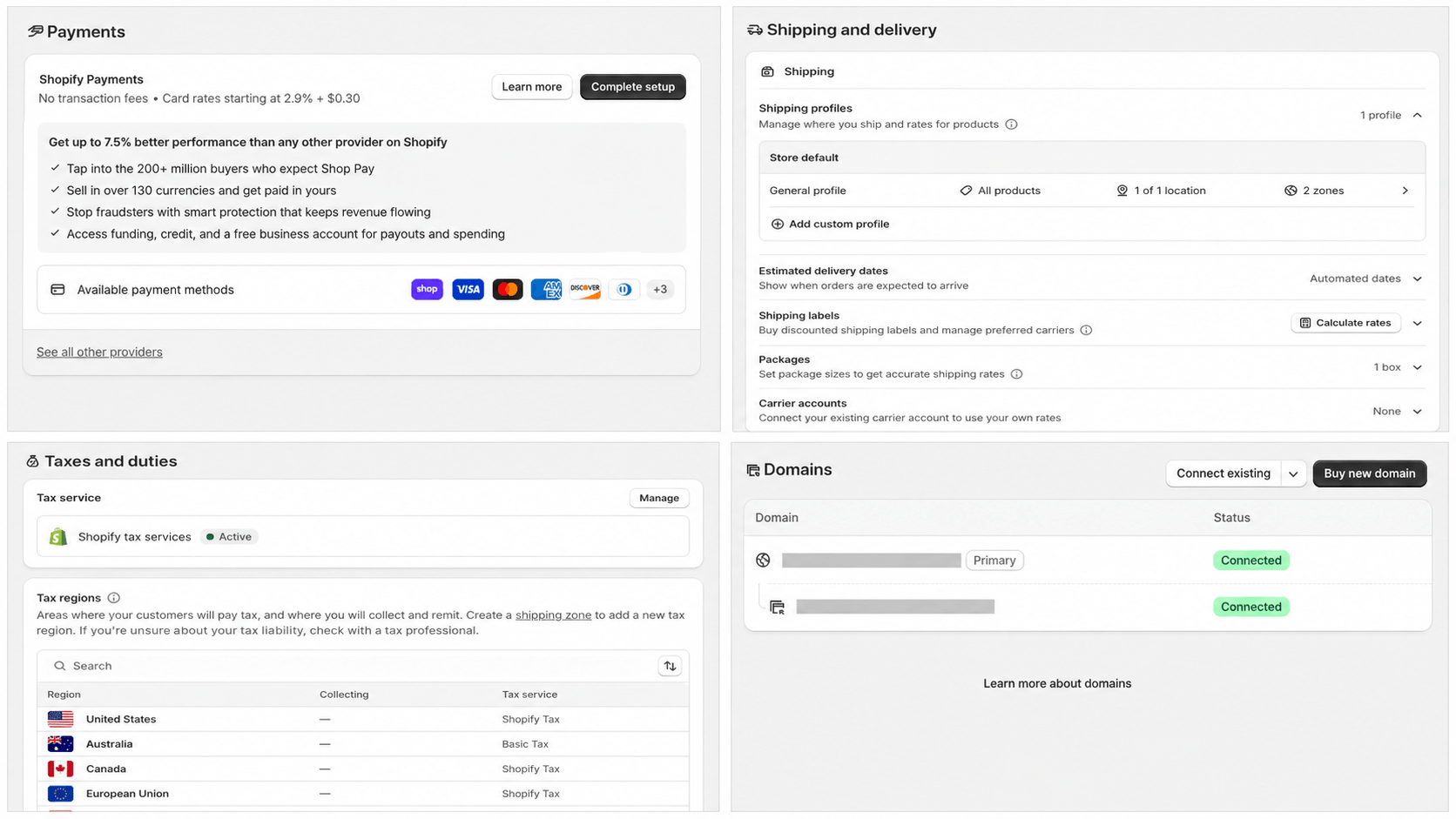 shopify-store-business-settings Shopify payment, shipping, tax and domain settings