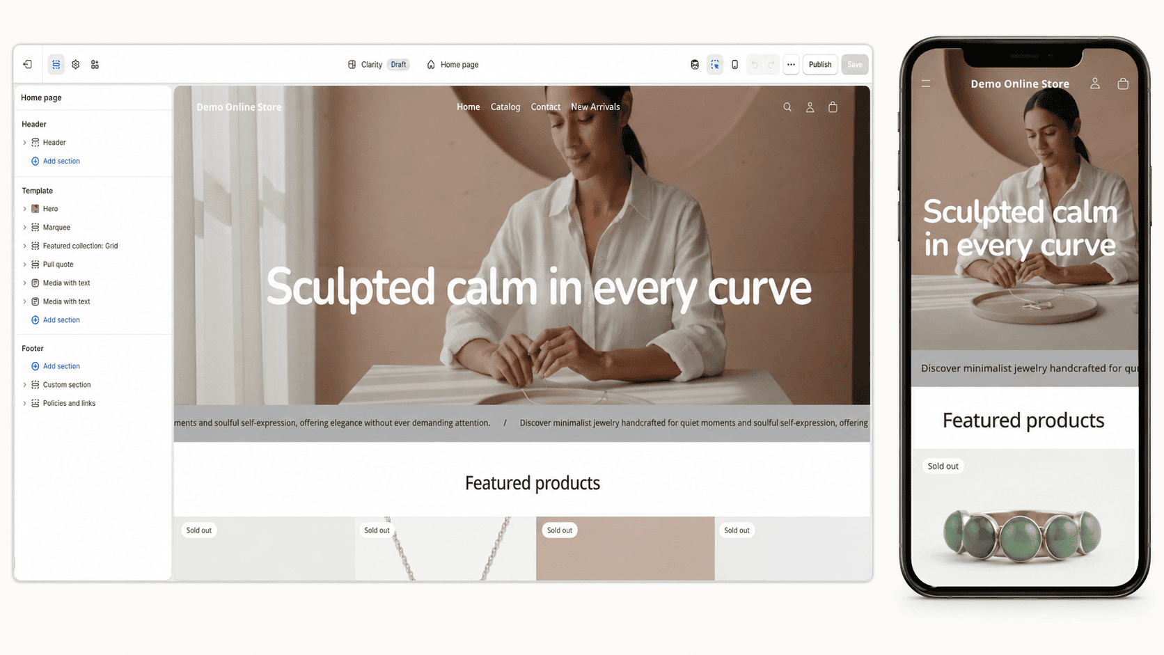 shopify-theme-editor-mobile-storefront Shopify theme editor beside a finished mobile online store preview