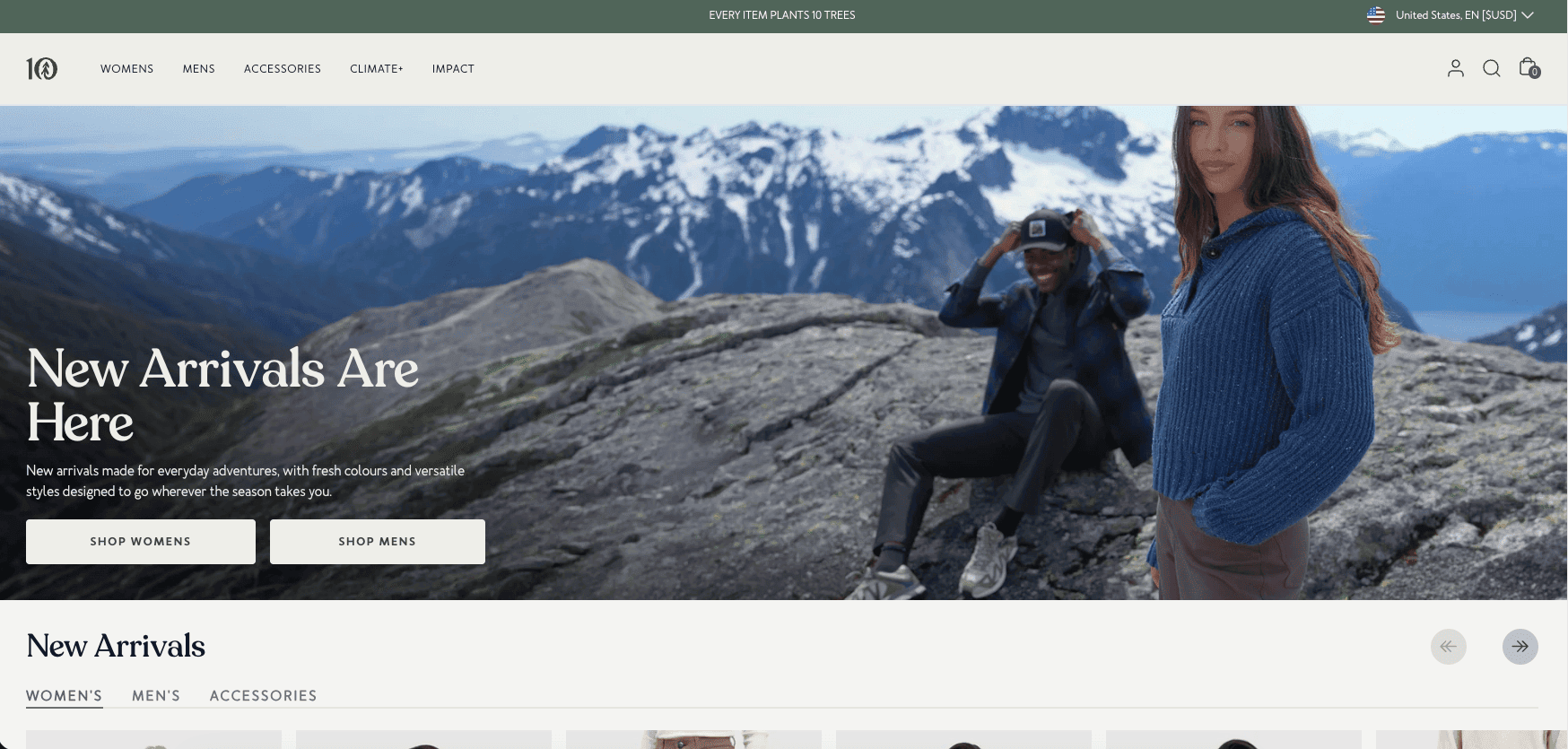 tentree-shopify-store-example Tentree homepage connecting its products with an environmental mission