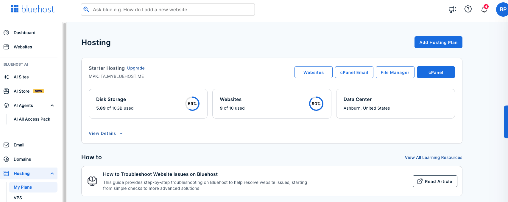 Bluehost hosting dashboard showing server and data center information