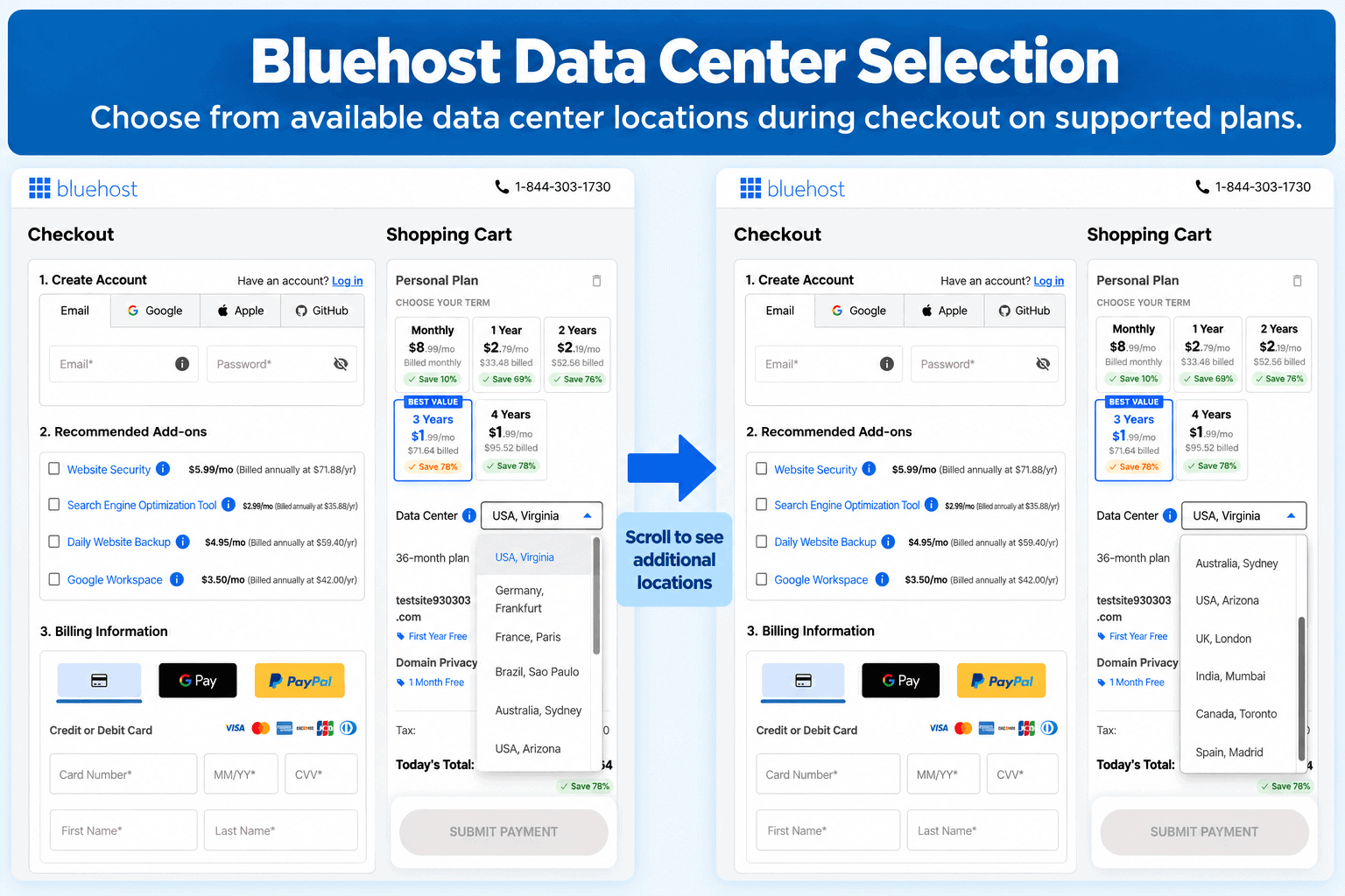 Bluehost setup screen showing available data center location choices
