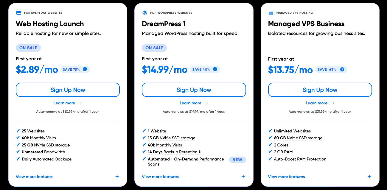 DreamHost pricing cards for Web Hosting Launch, DreamPress 1, and Managed VPS Business