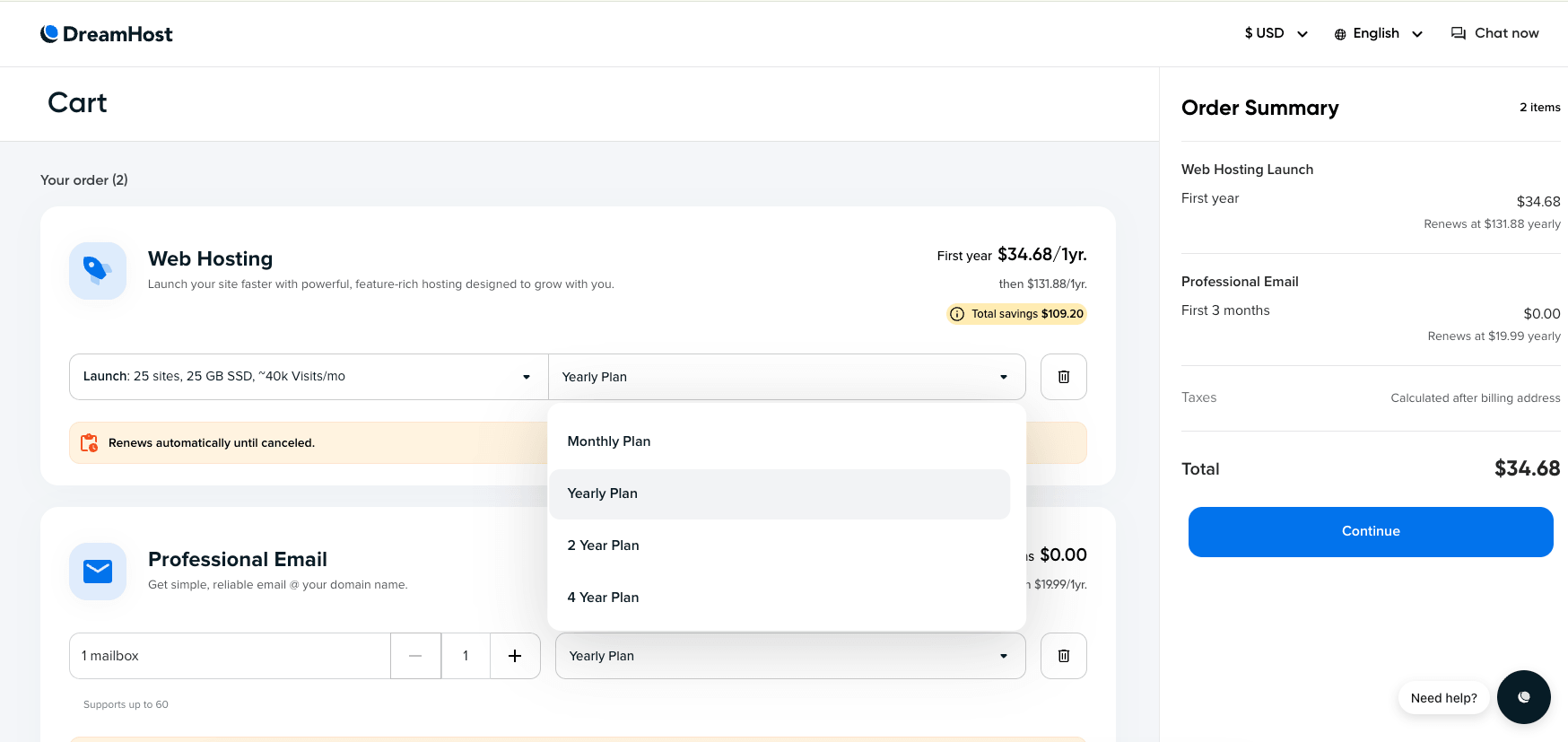 DreamHost checkout showing monthly and longer hosting billing terms