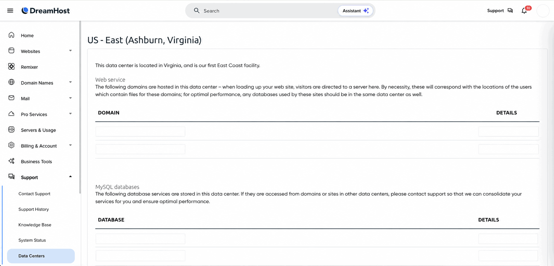 DreamHost Data Centers page showing the assigned location of account services