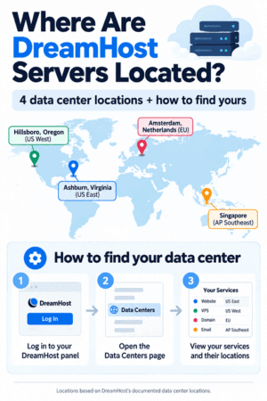 Graphic listing DreamHost data centers in Virginia, Oregon, Amsterdam, and Singapore