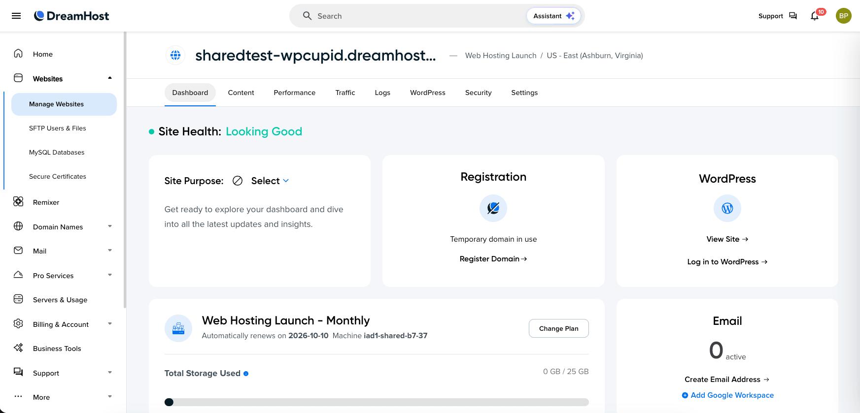 DreamHost panel showing website management dashboard and WordPress login option