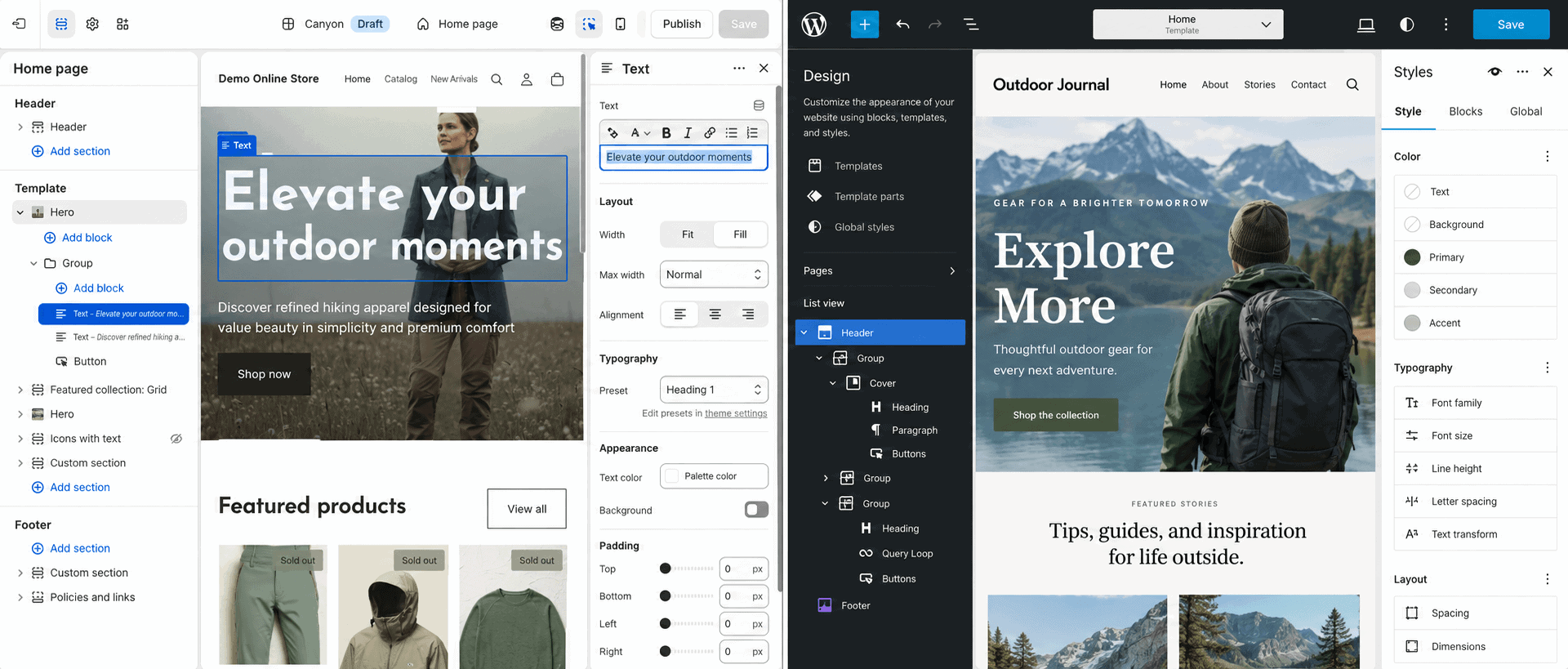 Shopify theme editor beside the WordPress Site Editor