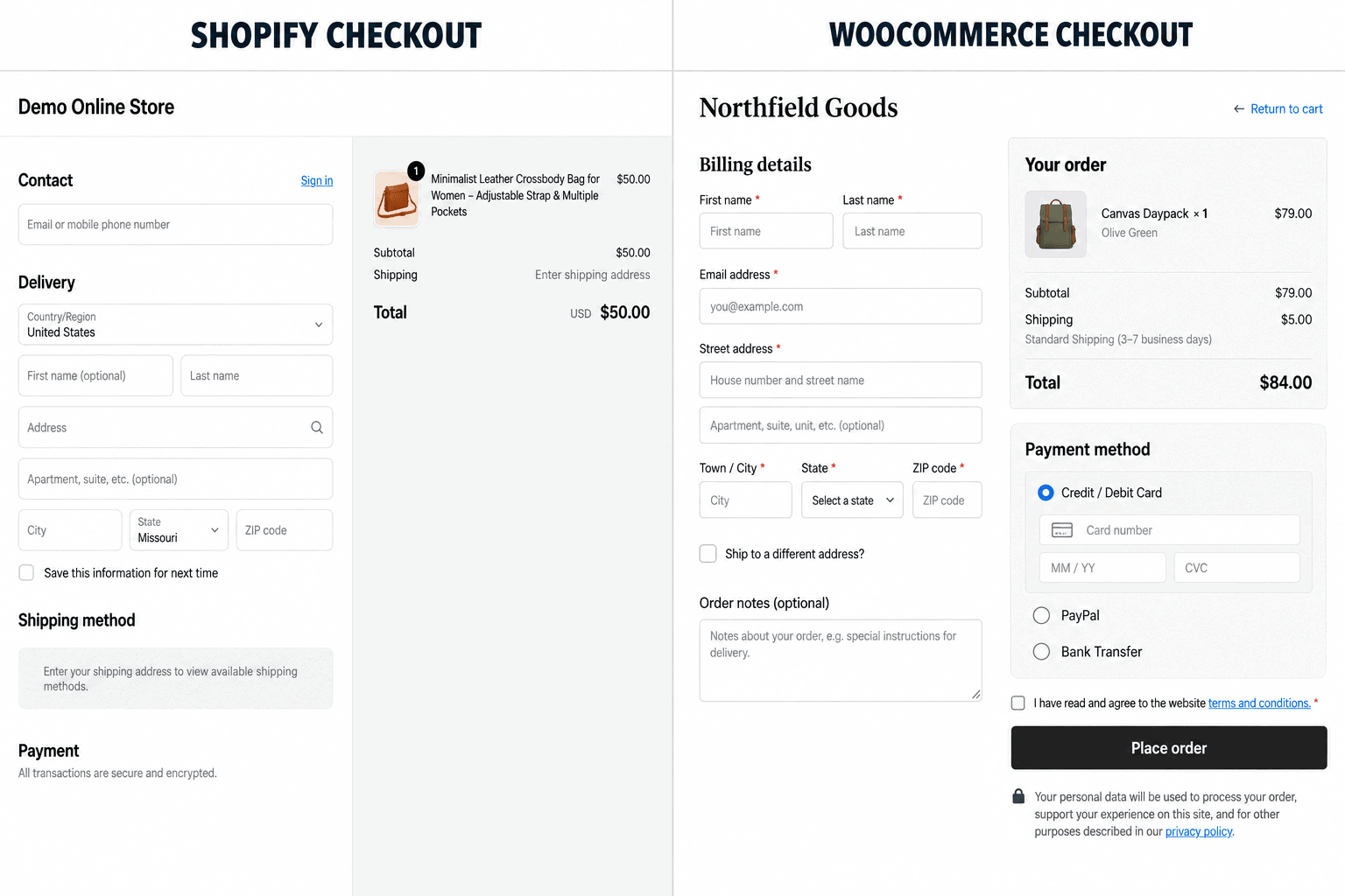 shopify-vs-woocommerce-checkout-comparison Shopify checkout compared with a WooCommerce online store checkout