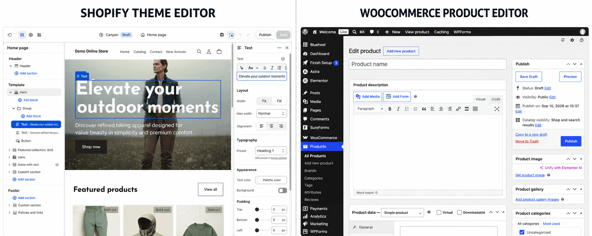 shopify-vs-woocommerce-design-customization Shopify theme editor compared with the WordPress WooCommerce site editor