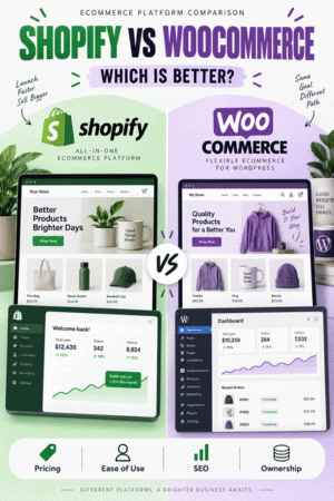 shopify-vs-woocommerce-pinterest Shopify vs WooCommerce comparison covering pricing, ease of use, SEO, ownership, and overall value