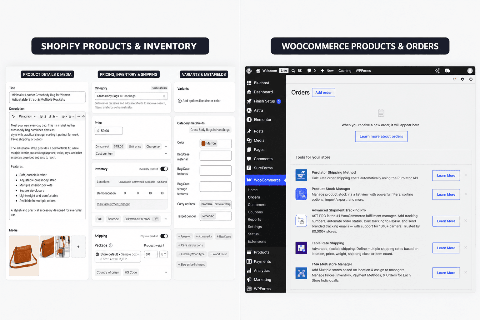 shopify-vs-woocommerce-product-management Shopify and WooCommerce product, inventory, variant, and order-management tools
