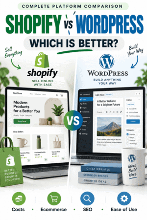 Shopify vs WordPress comparison covering costs, ecommerce, SEO, and ease of use