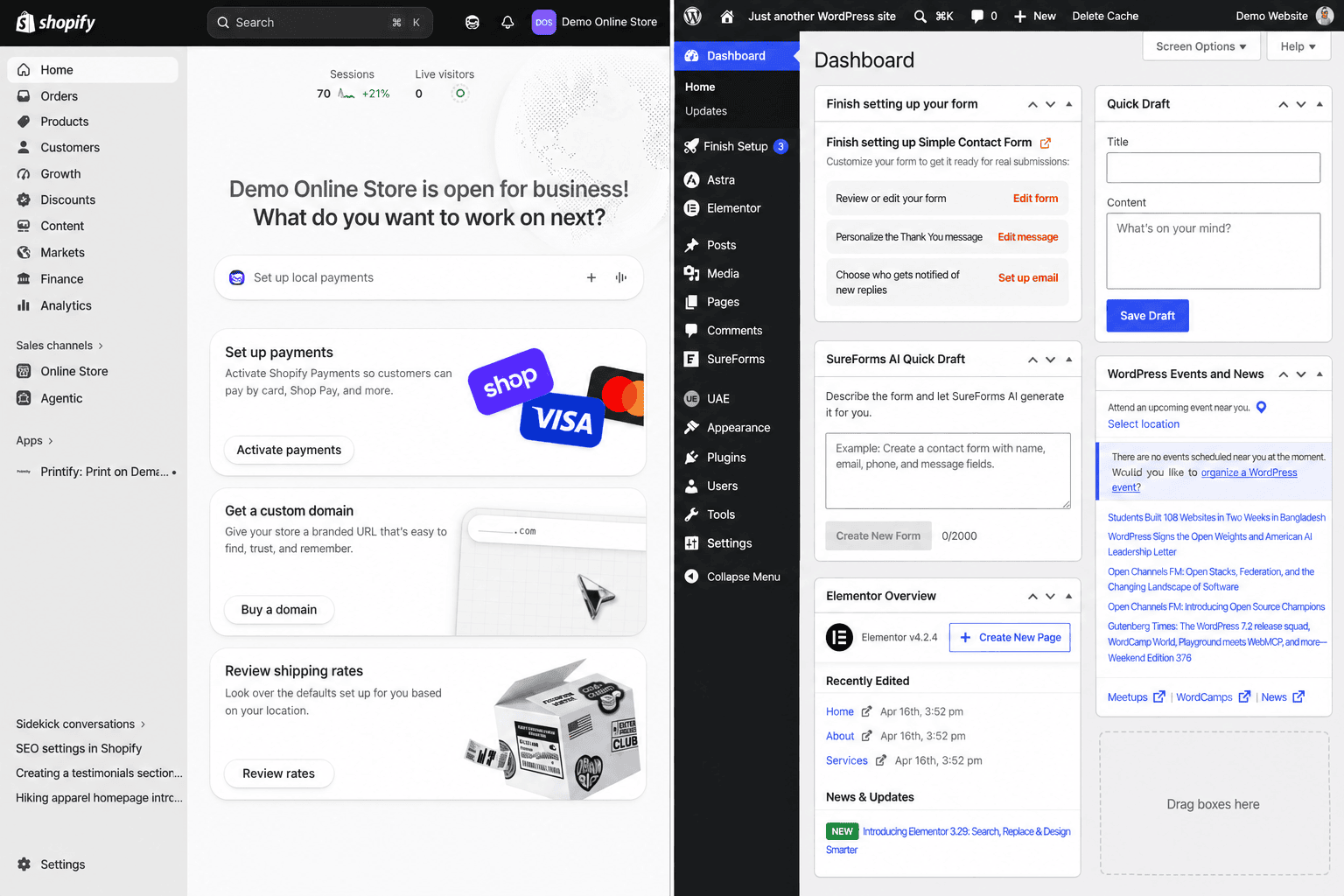 Shopify admin dashboard beside the WordPress dashboard