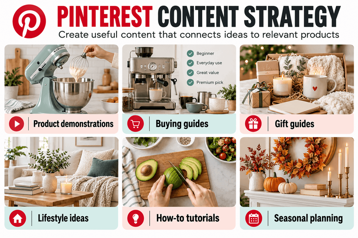 Pinterest content strategy for Shopify using product, educational, inspirational and seasonal Pins