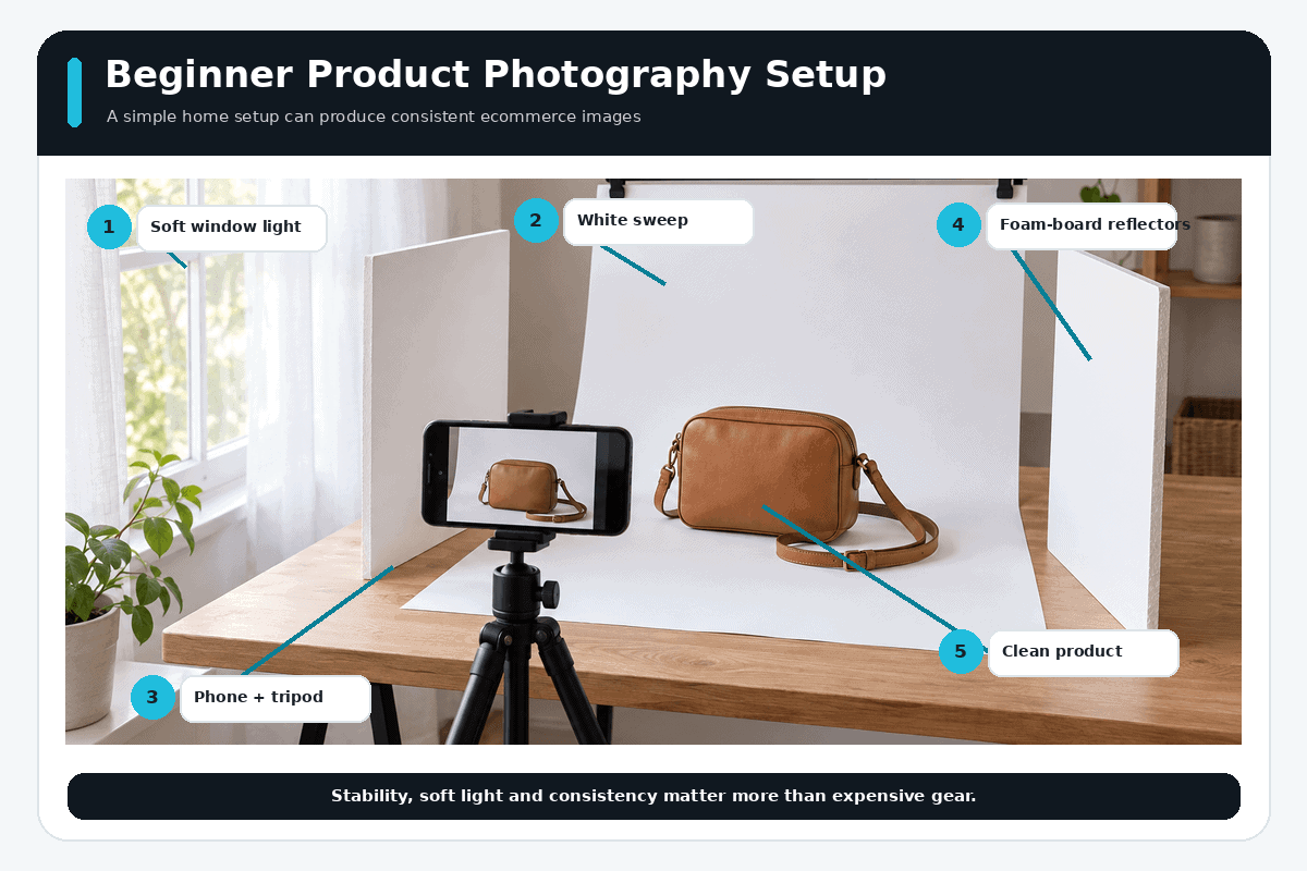 Beginner product photography setup with a smartphone, tripod, window light, white sweep, reflectors, and clean product