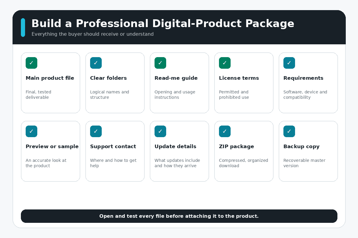 Digital product delivery package checklist with files, instructions, license terms, and support details