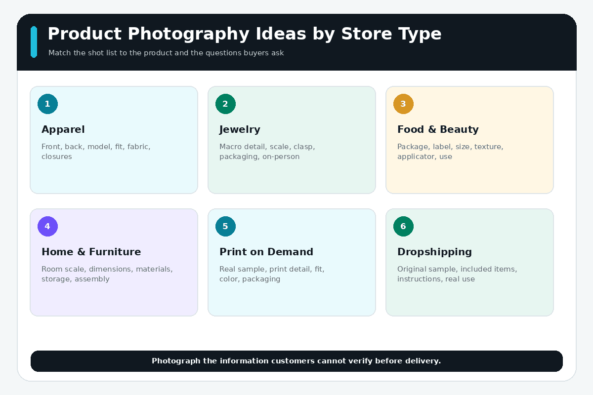 Product photography ideas for apparel, jewelry, food, beauty, furniture, print-on-demand, and dropshipping stores