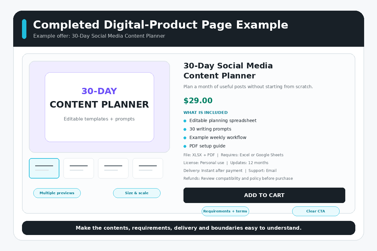 Completed Shopify digital product page with product details, previews, price, requirements, and add-to-cart button