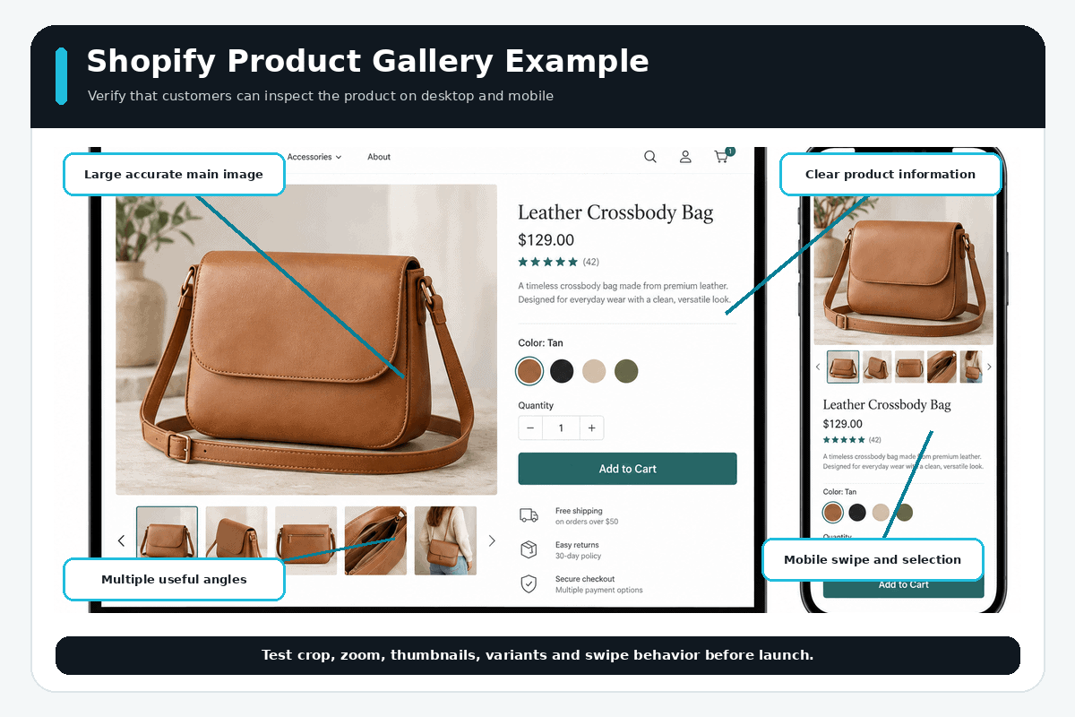 Shopify product gallery example showing an accurate main image, multiple angles, product details, and mobile display