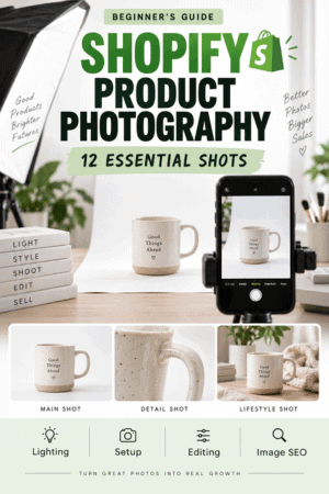Shopify product photography guide for beginners covering essential shots, lighting, setup, editing, and image SEO