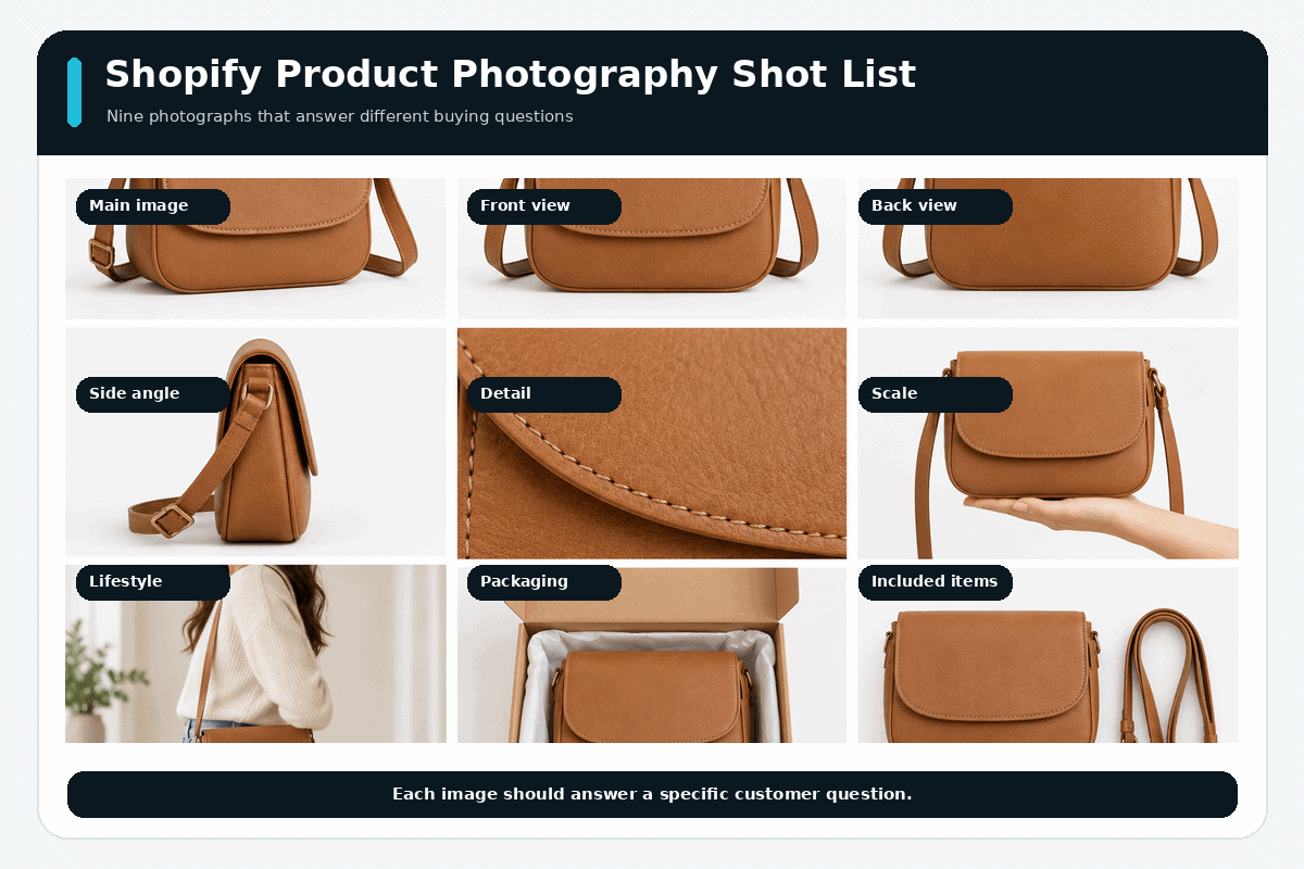 Shopify product photography shot list showing main image, angles, details, scale, lifestyle, packaging, and included items