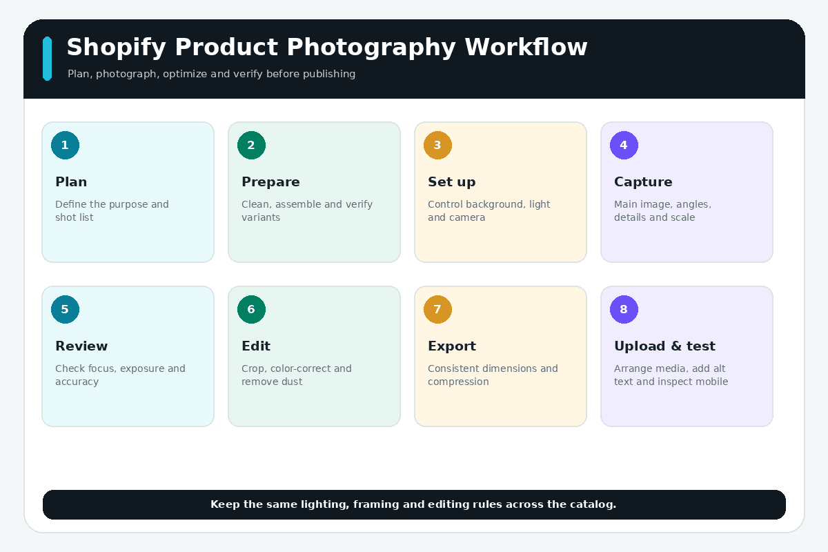 Shopify product photography workflow from planning and preparation through editing, export, upload, and testing